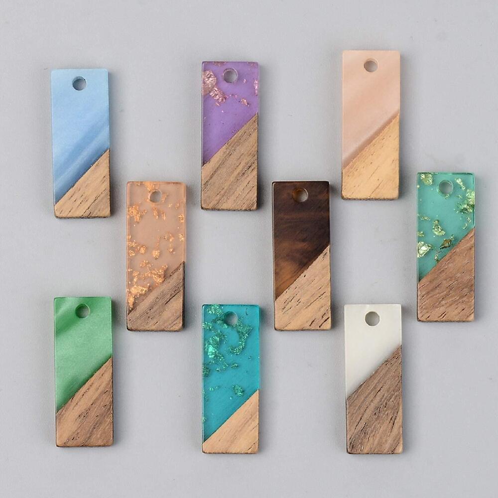 9489 50Pcs Half Wood Half Resin Rectangle Pendants Two-Tone Flat Back
